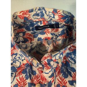 Nautica Floral Button Up Shirt Men’s Short Sleeve Red Blue Large
